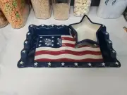 VTG Home Interiors 2002 American Flag Patriotic 2 Piece Chip & Dip Serving Set
