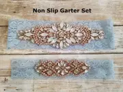 Non-Slip Wedding Garter Set w/Rose Gold Accents & Opal Stones- Dusty Blue Lace
