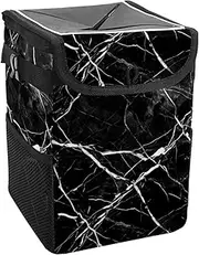 Car Trash Can with Lid and Storage Pockets Leak-Proof Organizer,Waterproof Garbage Can,Black Line Texture Marble