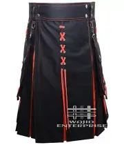 Scottish Handmade Hybrid Utility Kilt Men's Fashion Black & Orange cotton Kilt