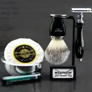 Barber 6 Piece Men's Shaving Set ft DE Safety & Synthetic Brush Gift Kit HARYALI