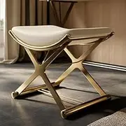 Leather Vanity Stool with Metal X Legs - Multifunctional Padded Ottoman for Makeup, Living Room, and Bathroom Use (Gold)