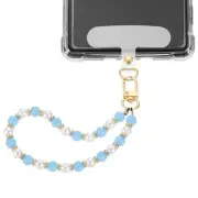 Phone Wrist Strap, Pearl Beaded Phone Charm with Tether Tab, Light Blue & White
