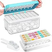 Caunedy Ice Cube Tray with Lid and Bin,Ice Scoop,Stackable Ice Trays for Freezer with 2 Trays,Silicone Bottom Easy Release 64 Pcs Ice for Drinks, Coffee,BPA Free