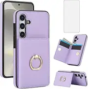 [Asuwish] Phone Case for Samsung Galaxy A15 5G/4G Cover with Tempered Glass Screen Protector and RFID Card Holder Slot Kickstand Ring Cell Accessories Wallet Flip Mobile A 15 G5 15A Women Men Purple