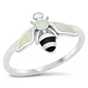 Bee Ring Genuine Sterling Silver 925 White Lab Opal Face Height 11 mm Size 10