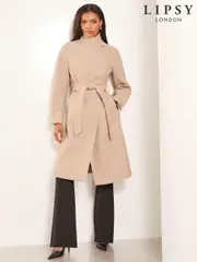Lipsy Camel Funnel Neck Wrap Belted Coat With Wool (K94221) | $117