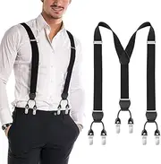 [SlowTon] Men Braces, Y Back Suspenders 6-Clip Suit Strap Adjustable Size Solid Color Durable Elastic Anti-Slip Strap Clip Heavy Duty