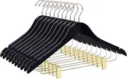 Quality Wooden Skirt Hangers with Clips, 10-Pack Smooth Solid Wood Pants Hangers with Durable Adjustable Metal Clips, Swivel Hook, Coat, Jacket, Blouse Suit Hangers (Black - Gold Hook, 10)