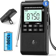 Bluetooth AM FM Radio with 1200mAh Rechargeable Battery Portable Transistor Pocket Radio with Best Reception,5W Big Speaker,LCD Screen,Earphone Jack,Support SD Card and USB MP3 Player for Jogging