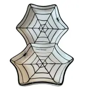 Hand Painted SPIDER WEB 8" Dish Set of 2 Black White Ceramic Spooky Halloween