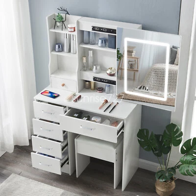 Dressing Table Stool White Makeup Desk LED Lighted Mirror Set Modern Vanity Desk
