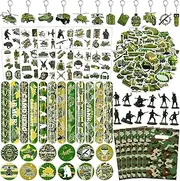122 PCS Army Party Favors, Military Camo Temporary Tattoos Slap Bracelets Keychains Stickers Badges Goodie Bags Soldiers Figures for Army Birthday Party Decorations Gifts for Kids Classroom Rewards