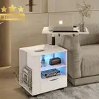 Smart Bedside Table w/Wheels, LED, USB & Type C Ports, Laptop Desk, High Gloss