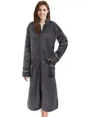 Women Zipper Robe Housecoat Lounger Zip Up Robe Full Length Satin Trim Ladies