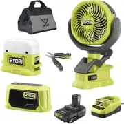 Cordless 4 Tool Accessory Bundle - Clamp Fan Area Light Bluetooth Speaker Mul...