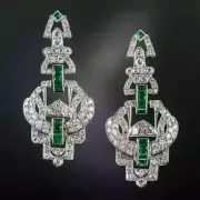 Round Cut Lab Created Diamond & Emerald At Deco Style Earring 14K White Gold FN