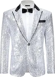 [Lars Amadeus] Sequin Blazer for Men's Peak Lapel Disco Prom Wedding Party Tuxedo Shiny Suit Jacket Metallic Sports Coat