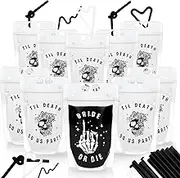 Domensi 16 Pcs Bride or Die Bachelorette Party Drink Pouches with Straws 15oz Reusable Drink Pouches Till Death Do Us Party for Gothic Halloween Adults Alcohol Bachelorette Cups Favors