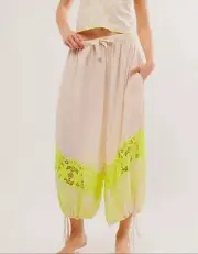 FREE PEOPLE Day Glow Joggers WOMENS Large Neon Embroidered Trim DROP CROTCH