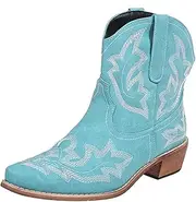 [gloryinterest] Cowboy Boots for Women Booties Ankle Cowgirl Western Boots Stitched Embroidered Pointed Toe Short Chunky Classic Brown Red Blue US6-10.5