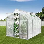 Lambu Greenhouse Aluminium Frame Polycarbonate Cover, Walk in Green House Clear Garden Plant Shed Outdoor Tent, PC Gardening Supplies Houses with Roof Vent Gutter System Sliding Door 2.54x1.9x1.95m