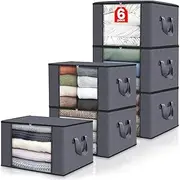 [Generic] Daseeme 6 Pack Clothes Storage Organizers Foldable Clothing Storage Bags with Reinforced Handles Sturdy Zippers Storage Containers for Organizing Blanket Bedroom Closet Dorm Sweater, 60L, Gray