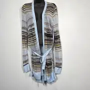 White House Black Market Cardigan M Blue Brown Belted Boho Beachy Coastal NEW