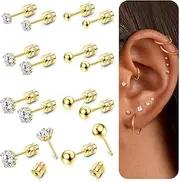 [LOLIAS] Threadless Flat Back Earrings Surgical Stainless Steel Hypoallergenic Earrings for Women Men-14K Gold Plated Cartilage Earrings for Sensitive Ears 20G CZ Push-in Flatback Stud Hoop Earrings Tragus