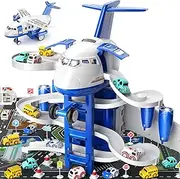 TEMI Kids Aeroplane Toys Race Track Car Toys for 3 4 5 6 7 Boys - Transformed Plane Garage Adventure Toys with 8 City Cars for Toddler Age 2-6, Parking Lot Playmat, Gift Children
