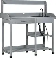 Outsunny Potting Bench Table, Outdoor Garden Table Wooden Work Station with Removable Sink, Faucet, Drawer, Shelves, Hooks, Gray