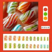 24pcs Medium Square Press-On Nails Set, Colorful Candy Stripes & Glitter Nail