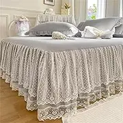 Double Layers Lace Ruffle Skirt Bedspread Sheet - French Style Brushed Microfiber Bed Sheet with Frilled Hem, Romantic All Seasons Fitted Valance Cover for Bedroom Décor(Light Grey,150x200cm)