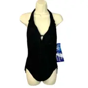 Miraclesuit Isabella Ruffle Front One Piece Swimsuit Black Sliming Size 12 New
