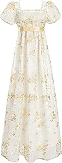 [FCCAM FCCAM] FCCAM Regency Dresses for Women Empire Waist Dress Gown with Satin Sash Regency Era Dress