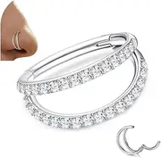 Kakonia G23 Titanium Nose Rings Hoops 16G 18G Double Hoop Septum Click Nose Rings Lip Rook Lobe Tragus Helix Cartilage Daith Conch Earrings Clear CZ Paved Nose Piercing Jewelry for Women Men