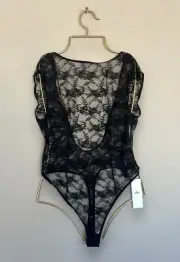 Urban Outfitters Sheer Lace Bodysuit Scoop Back Top Black Size L stretchy
