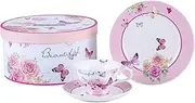 [London Boutique] Afternoon Tea Set 3 Coffee Tea cup and Saucer Dessert Plate Shabby Chic Vintage porcelain Gift Box (Butterflies)