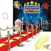Frienda 6 x 5 ft Movie Theme Photography Backdrop Red Carpet Party Decorations Runner Red Carpet Runner 2.6 x 15 ft with Carpet Tape and 24 Pieces 8 Inch Star Paper Cutouts for Party Decoration Supply