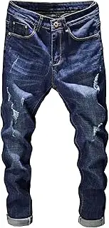 [Qolkmuiy-GJ] Men's Comfort Flex Waist Ripped Jeans Fashion Design Denim Pant Slim Distressed Straight Leg Leggings, Dark Blue, 27