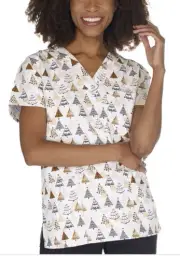 NWT Women's Large Enchanted Forest Christmas Tree Print I Love Scrubs Scrub Top