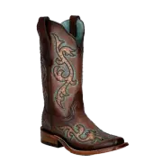 Corral Ladies Studded Maple & Turquoise Embroidery Square Toe Boots C3907