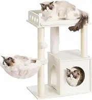 Heybly Modern Cat Tree, Wooden Cat Tower with 3 Scratching Posts, Cat Condo for Indoor Cats with Wood Cat Cave, Plush Perch, Basket, Pompom, White HCT007SWT