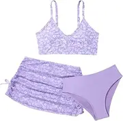 [Happy Cherry] Girls' Bikini Sets 3 Children's Floral Print Swimsuit Summer Swimwear Set with Skirt Teenager Beach Swimsuits Bikini for 8-14 Years, Purple, 140