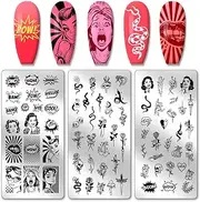 PH PandaHall 3pcs Comic Text Nail Stamping Plates, Retro Avatar Snake Rose Skull Nail Stamper Nail Art Stencils Print Nail Stencils Stainless Steel Nail Image Plates for Nail Art Design Manicure Salon