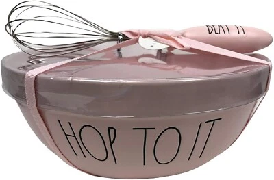 Rae Dunn 2 Piece Ceramic Mixing Bowl Gift Set with Wire Whisk HOP TO IT Pink NEW