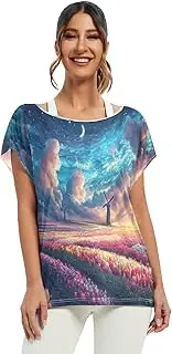 [RPLIFE] Vibrant Tulip Field Moonlight Womens Summer Tops Short Sleeve Top, S-XXL Casual Blouse