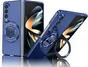 [Asuwish] Phone Case for Samsung Galaxy Z Fold 4 5G 2022 Cover and Magnetic Ring Holder Stand Slim Hard Hybrid Cell Accessories Protective ZFold4 Z4 Fold4 4Z ZFold45G Wireless Charger Women Men Blue