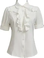 [Taiduosheng] Women Ivory White Bowtie Baby Collar Tops Blouses Short Sleeve OL Chiffon Button Down Shirt