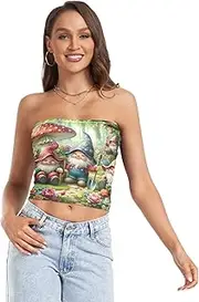 [RPLIFE] Cute Gnomes Flowers Mushrooms Crop Tube Top Strapless Top, Mesh Tube Tops, Summer Tube Tops (S)
